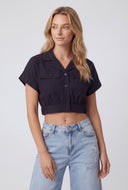 Button Front Cuffed Cropped Shirt