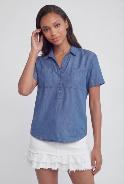 Half Button Front Denim Shirt