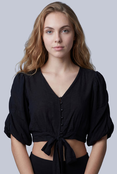 Puff Sleeve Tie Front Crop Top