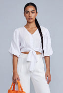 Puff Sleeve Tie Front Crop Top
