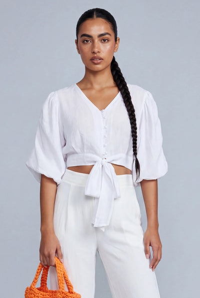 Puff Sleeve Tie Front Crop Top
