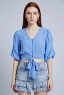 Puff Sleeve Tie Front Crop Top