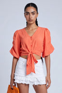 Puff Sleeve Tie Front Crop Top