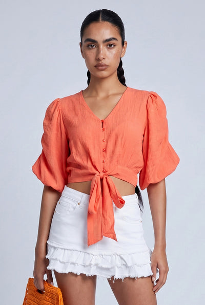 Puff Sleeve Tie Front Crop Top