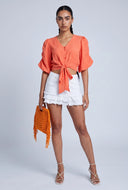 Puff Sleeve Tie Front Crop Top