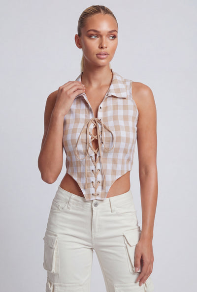 Arlet Checkered Lace-Up Crop Top