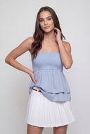 Chambray Tiered Strapless Peplum Top