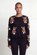 Boucle Bear Frayed Hem Pullover Sweater