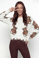 Boucle Bear Frayed Hem Pullover Sweater