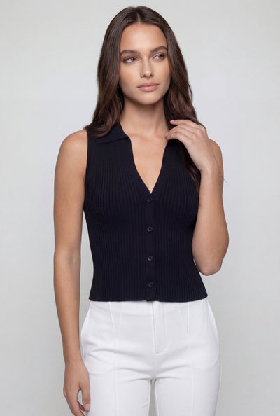 Collared Sleeveless Button-Front Knit Top