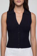 Collared Sleeveless Button-Front Knit Top