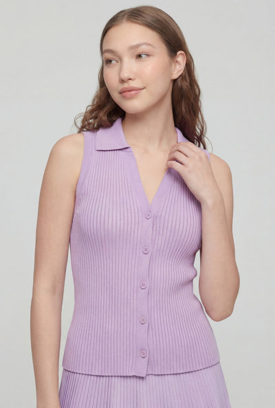 Collared Sleeveless Button-Front Knit Top
