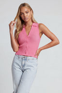 Collared Sleeveless Button-Front Knit Top