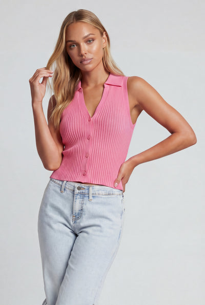 Collared Sleeveless Button-Front Knit Top