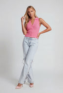 Collared Sleeveless Button-Front Knit Top