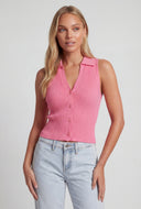 Collared Sleeveless Button-Front Knit Top