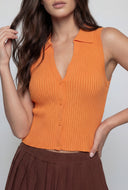 Collared Sleeveless Button-Front Knit Top