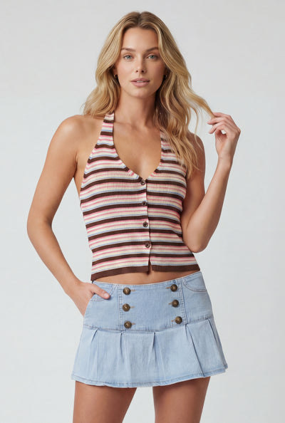 Striped V-Neck Crop Halter Top