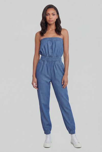 Soraya Smocked Strapless Chambray Jumpsuit