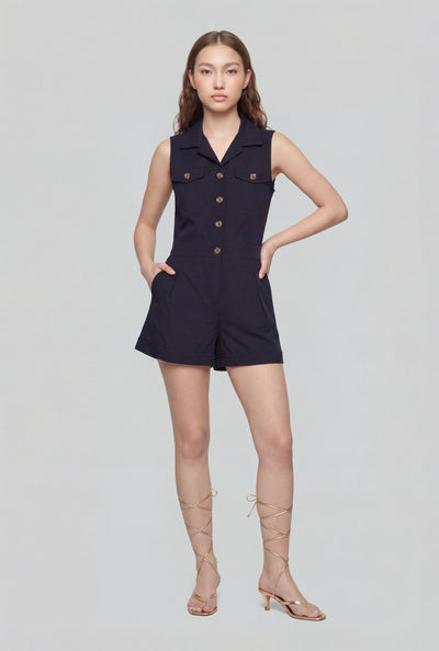 Sleeveless Collared Button-Front Romper