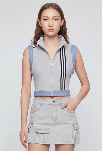 Denim Panel Stripe Trim Crop Vest