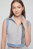 Denim Panel Stripe Trim Crop Vest