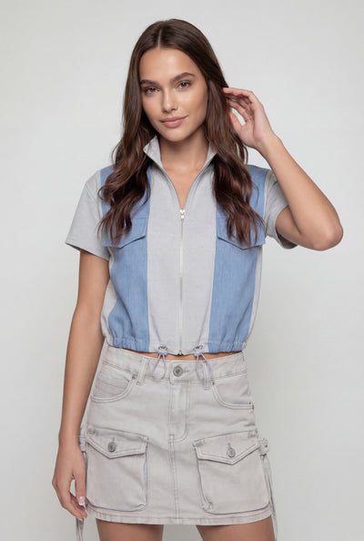 Denim Stripe Zip Front Sweatshirt
