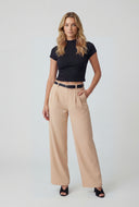 Belted Crepe Wide-Leg Dress Pants