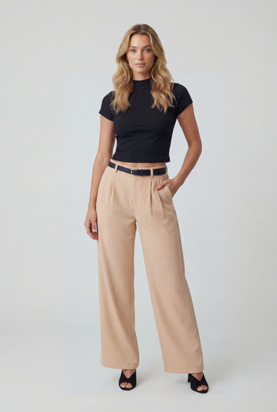 Belted Crepe Wide-Leg Dress Pants