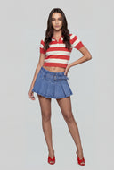 Belted Micro Denim Pleated Skirt