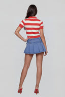 Belted Micro Denim Pleated Skirt