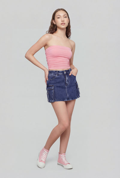 Denim Pull Tab Cargo Mini Skirt