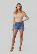 Pintuck Denim Cut-Off Shorts