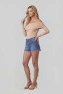 Pintuck Denim Cut-Off Shorts