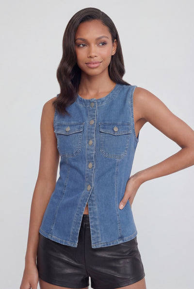 Livia Pintuck Denim Button-Front Vest