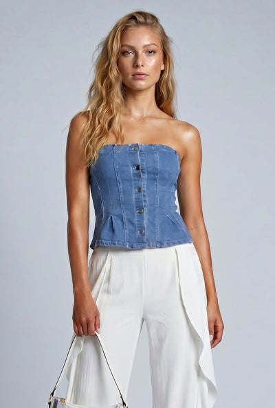 Rayne Denim Strapless Peplum Top
