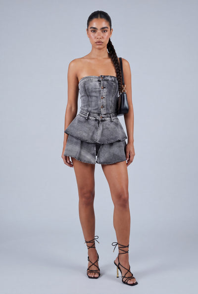 Acid Wash Strapless Tiered Denim Romper