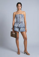 Acid Wash Strapless Tiered Denim Romper
