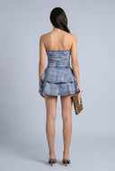 Acid Wash Strapless Tiered Denim Romper