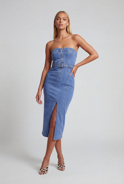 Hana Belted Denim Tube Dress