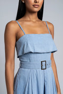Belted Denim Fold Over Maxi Dress