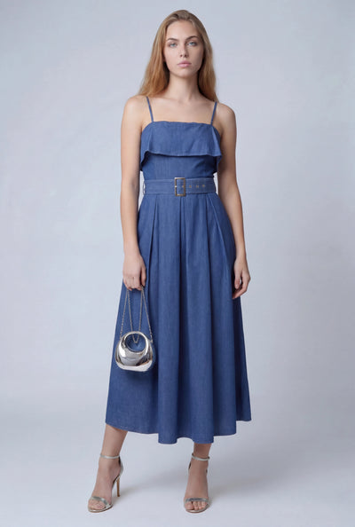 Belted Denim Fold Over Maxi Dress