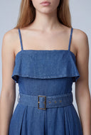 Belted Denim Fold Over Maxi Dress