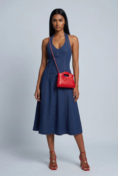 Denim Pintuck Halter Dress