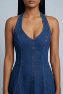 Denim Pintuck Halter Dress