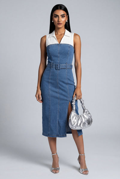 Color Block Denim Midi Dress