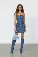 Denim Button Strapless Bodycon Dress