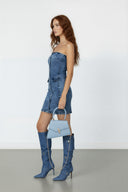 Denim Button Strapless Bodycon Dress