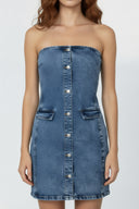 Denim Button Strapless Bodycon Dress