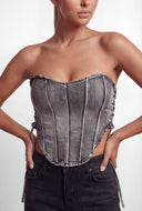 Acid Wash Denim Lace Up Crop Bustier Top